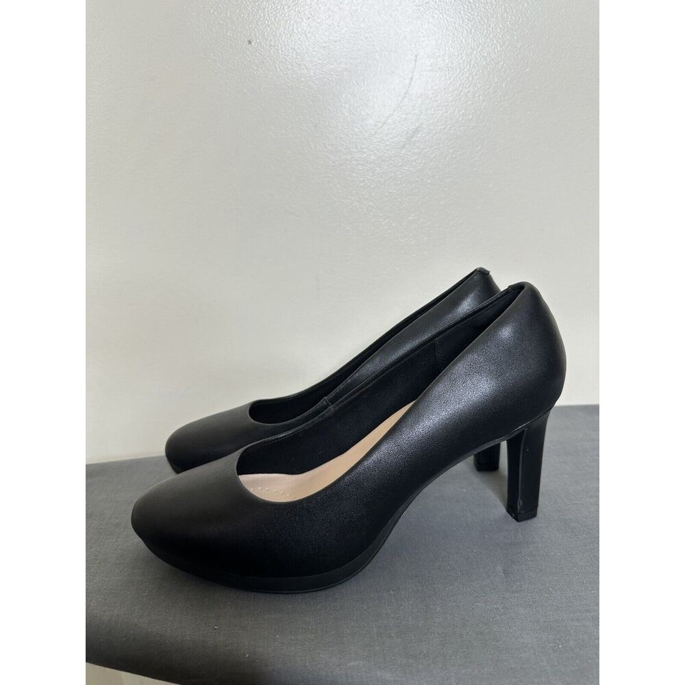 Clarks Ambyr Joy High-Heel Black Leather Satin Platform Pumps Size 9.5M Round - Picture 4 of 11